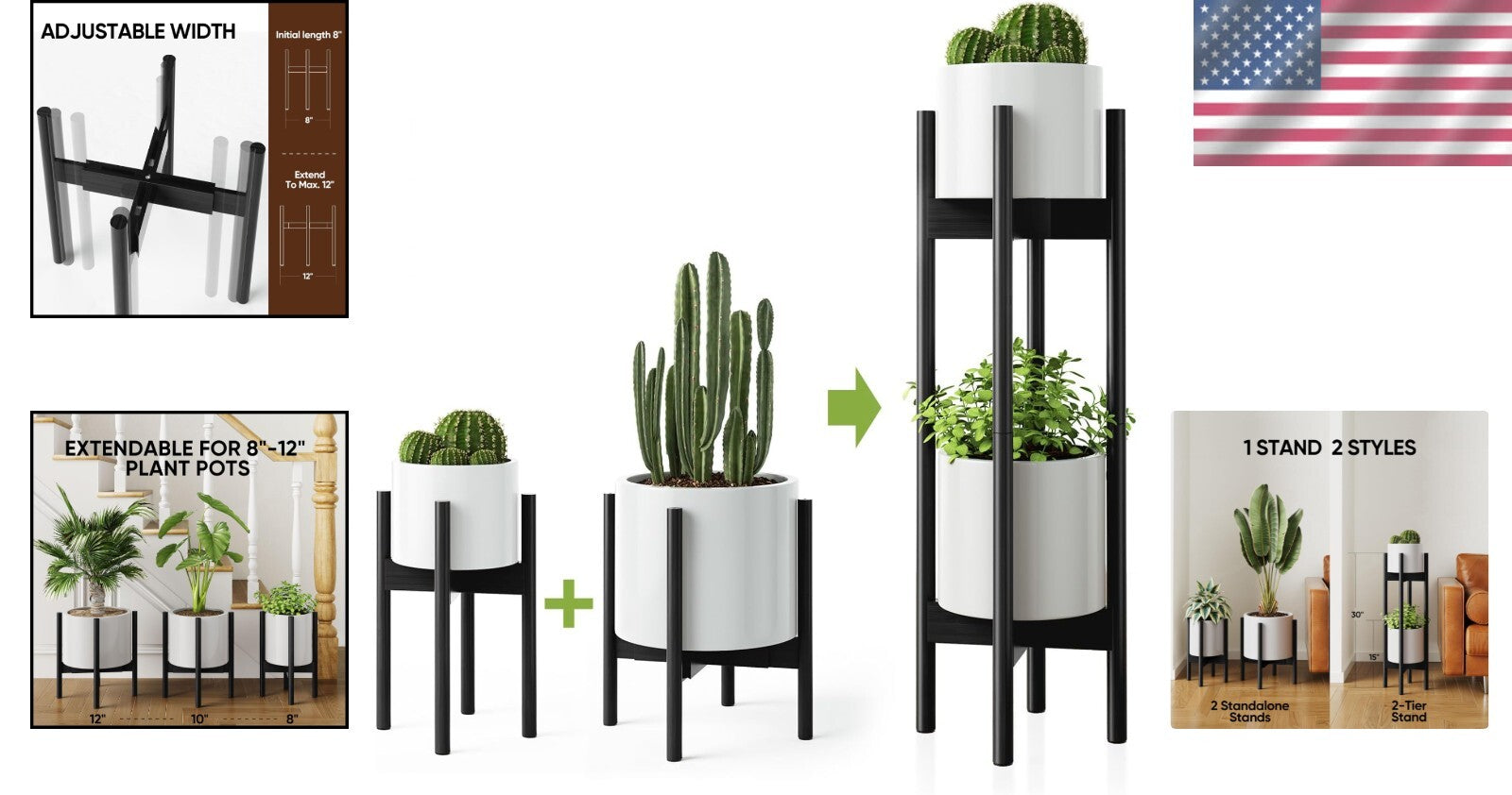 Adjustable Bamboo Plant Stand Set of 2 - Mid Century Modern Design for Interiors