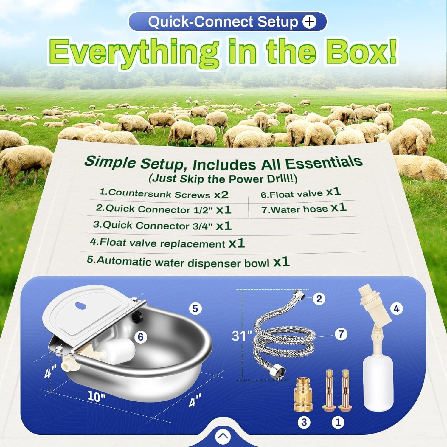 2.5L Auto-Filling Stainless Steel Water Bowl Kit for Farm Animals - Complete Set