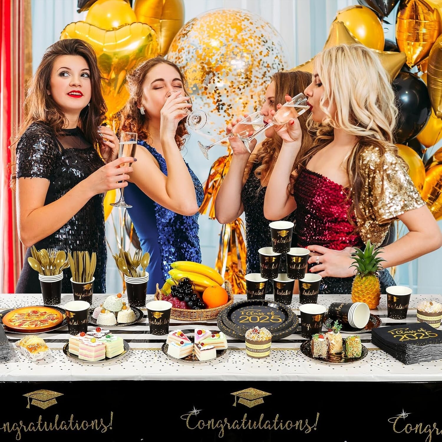 Easy-Clean 700pcs Graduation Essentials Set - Serve 100 in Black & Gold Elegance