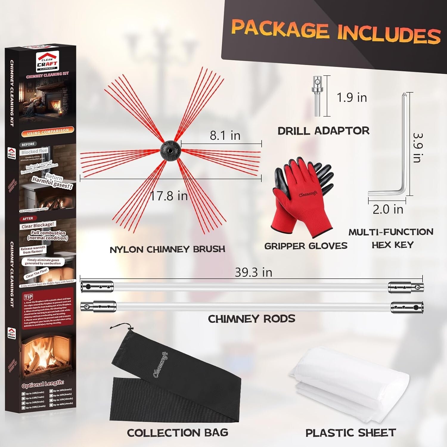 Efficient Chimney Cleaning Kit: 33 Feet of Flexible Nylon Rods & Tools