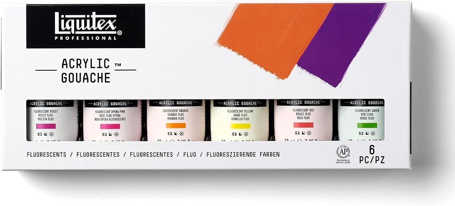 Vibrant Professional Fluorescent Acrylic Gouache - 6 x 2oz with Matte Finish