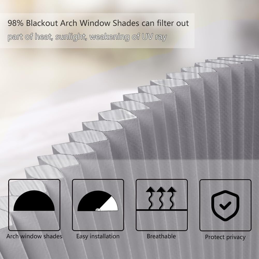 Customizable Dark Gray Blackout Shades for Arch Windows, 36" Radius, Cordless