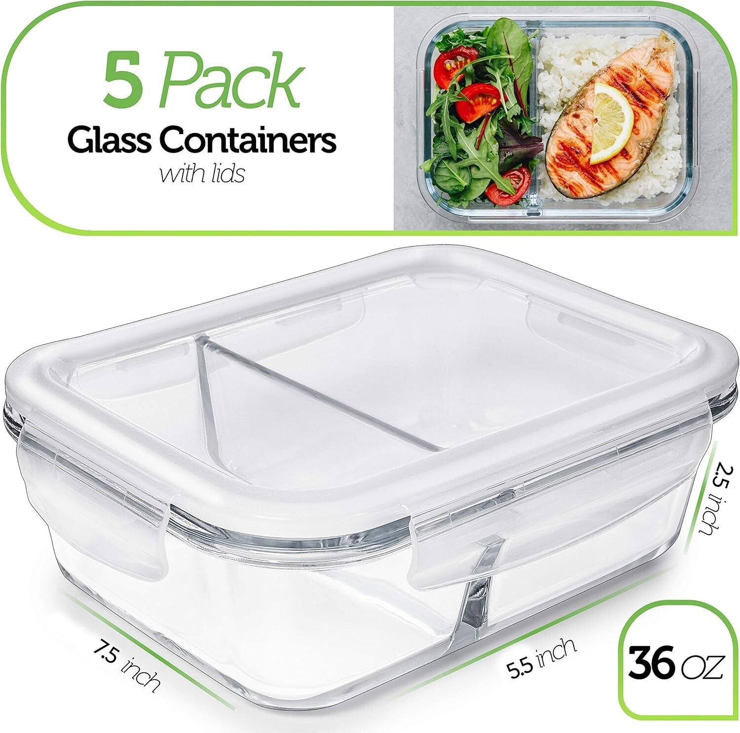 Durable Multi-Compartment Glass Meal Prep Containers - 36 Oz, Leak-Proof Design