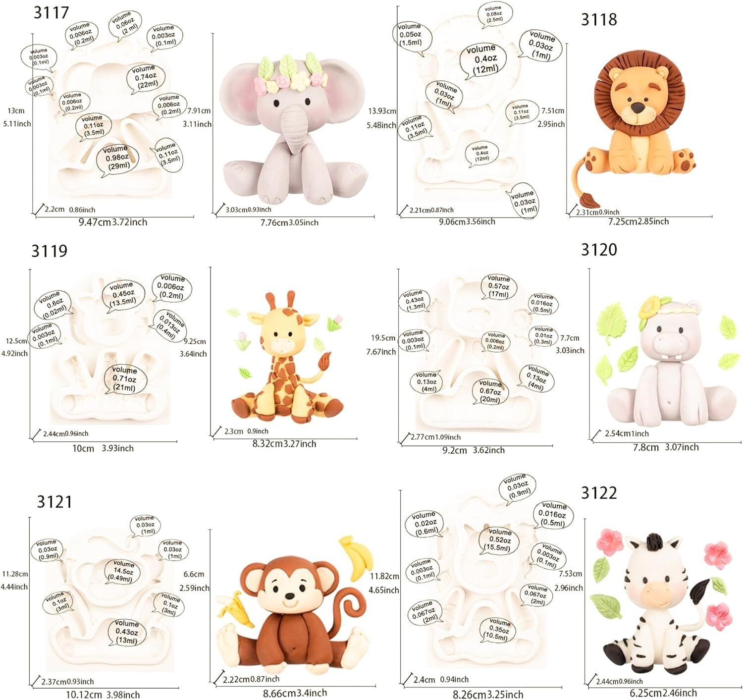 Flexible Jungle Animal Cake Molds, Set of 6 for Kids' Parties & Celebrations