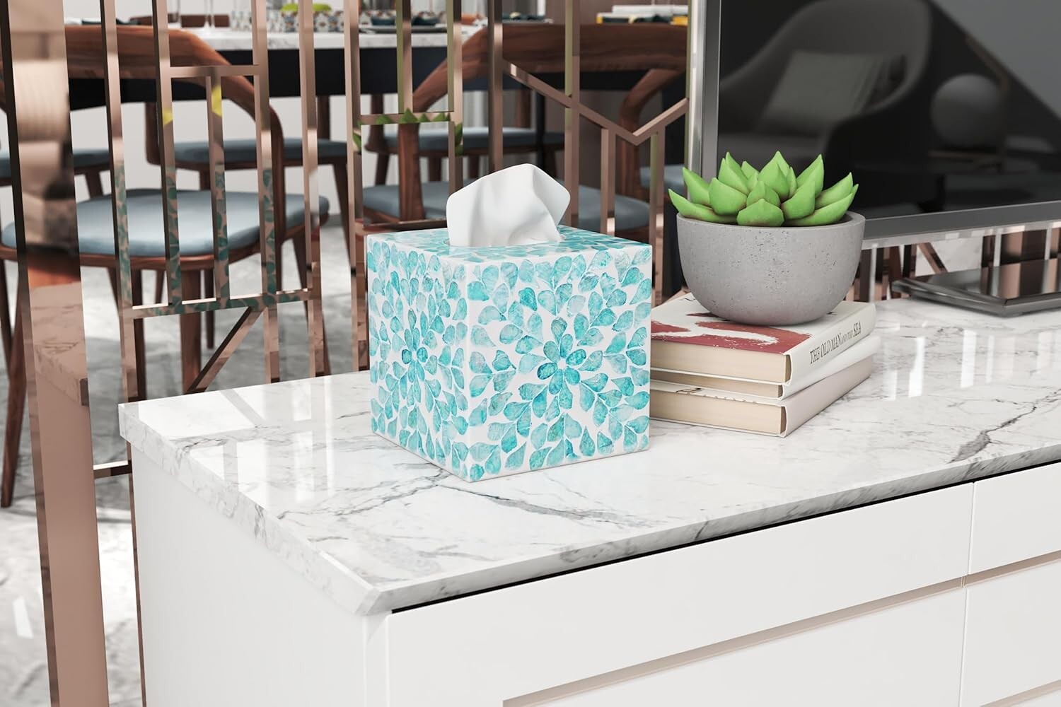5.9-Inch Mother of Pearl Cube Tissue Box Cover - Rustic Teal Floral Decor