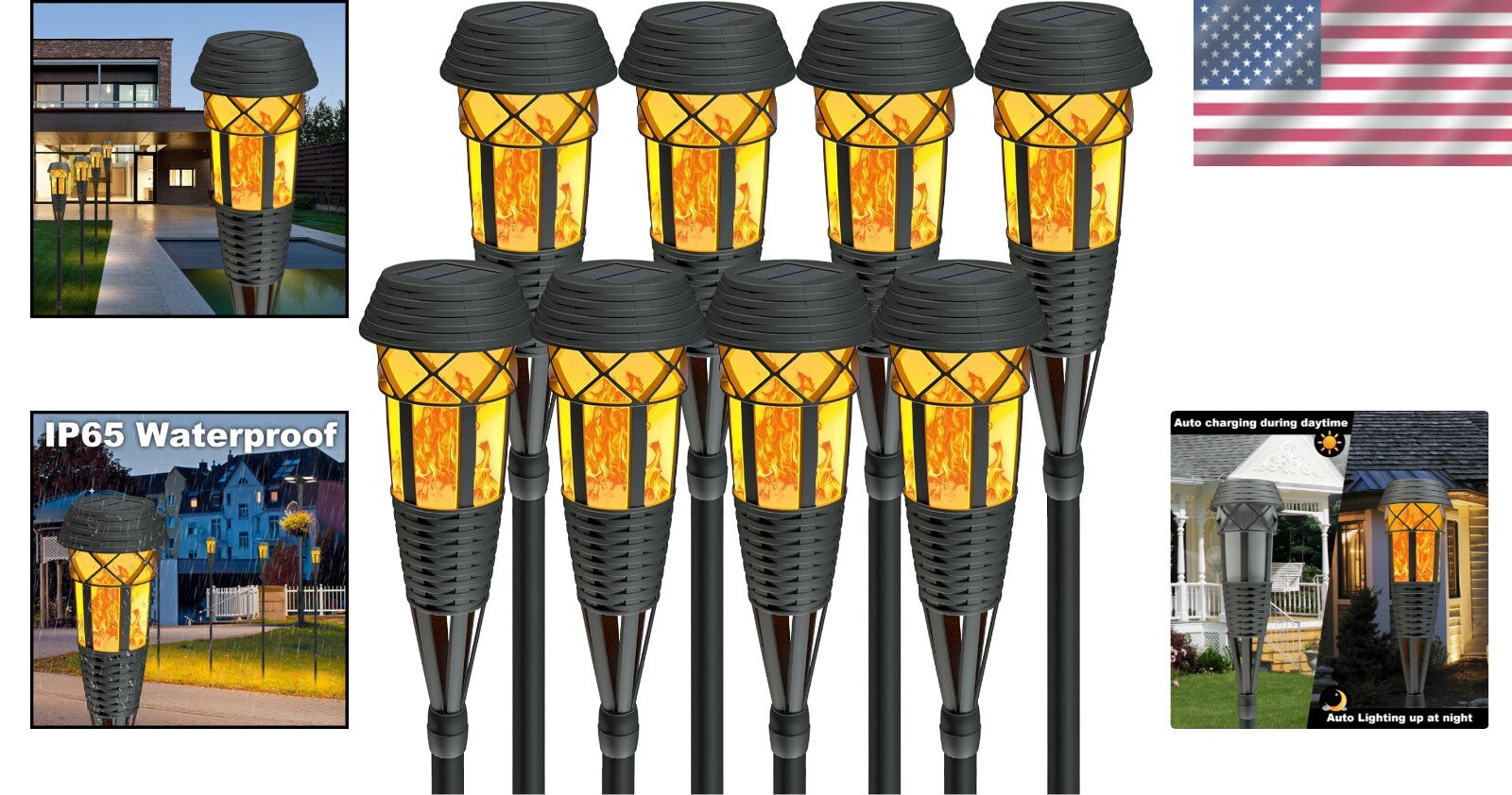8 Count Set of Outdoor Waterproof Flickering Flame Solar Lights - Easy Install
