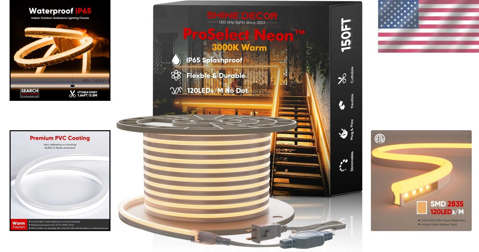ETL-Listed 150FT LED Neon Rope Lights - 3000K Warm White, Waterproof & Flexible