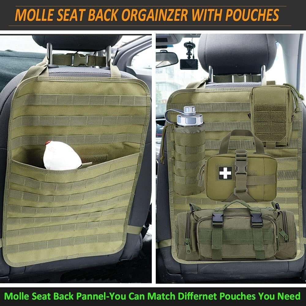Universal MOLLE Tactical Seat Back Organizer - Durable Khaki Pouches Included