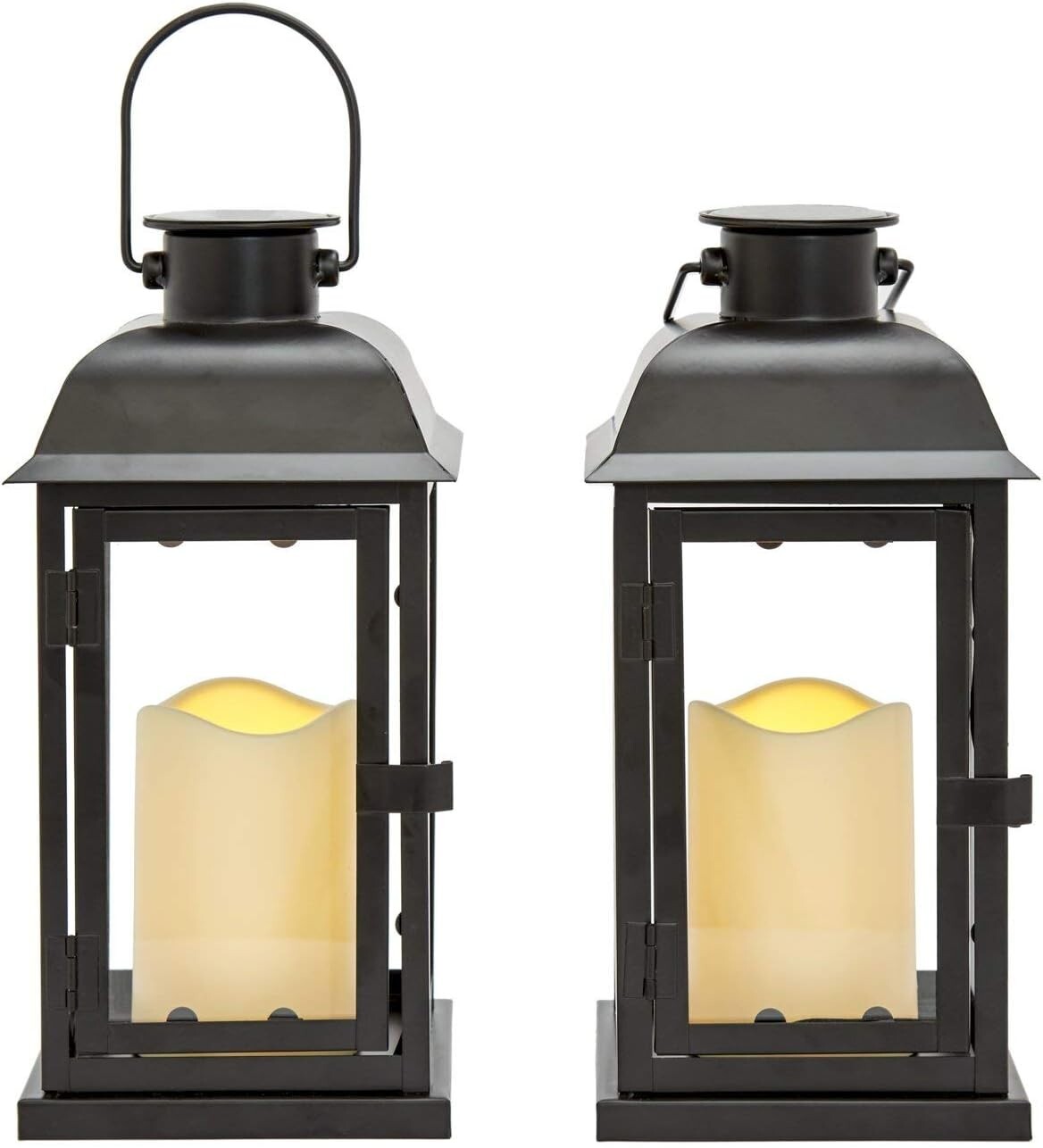 Modern 11 Inch Tall Solar Lantern Set with Stylish Black Metal and Glass Design