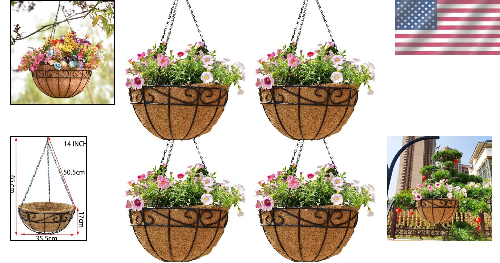 Versatile Hanging Planters - 14 Inch Metal Baskets for Garden and Porch Style