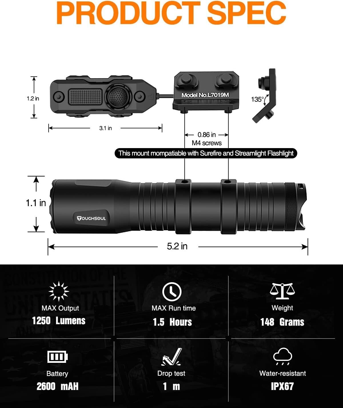 Mlok Mounted 1250 Lumens Tactical LED Flashlight with Remote Pressure Switch