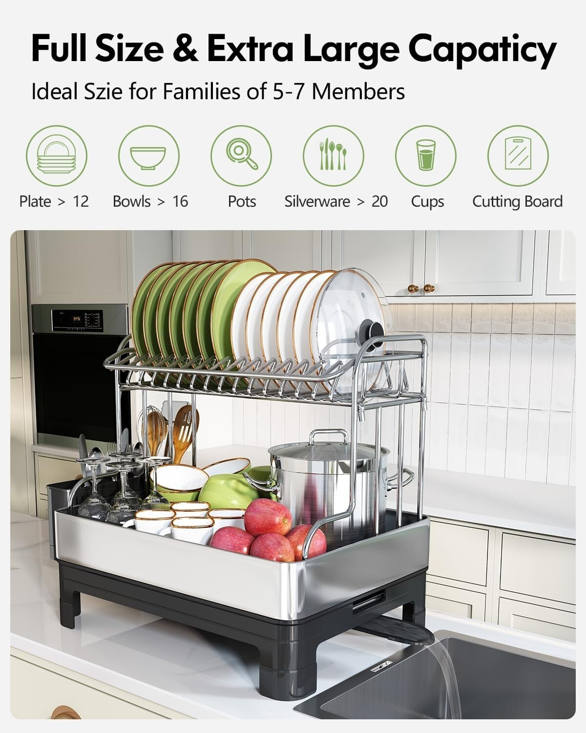 Extra Large Stainless Steel 2-Tier Dish Drying Rack with Utensil Holder, Black
