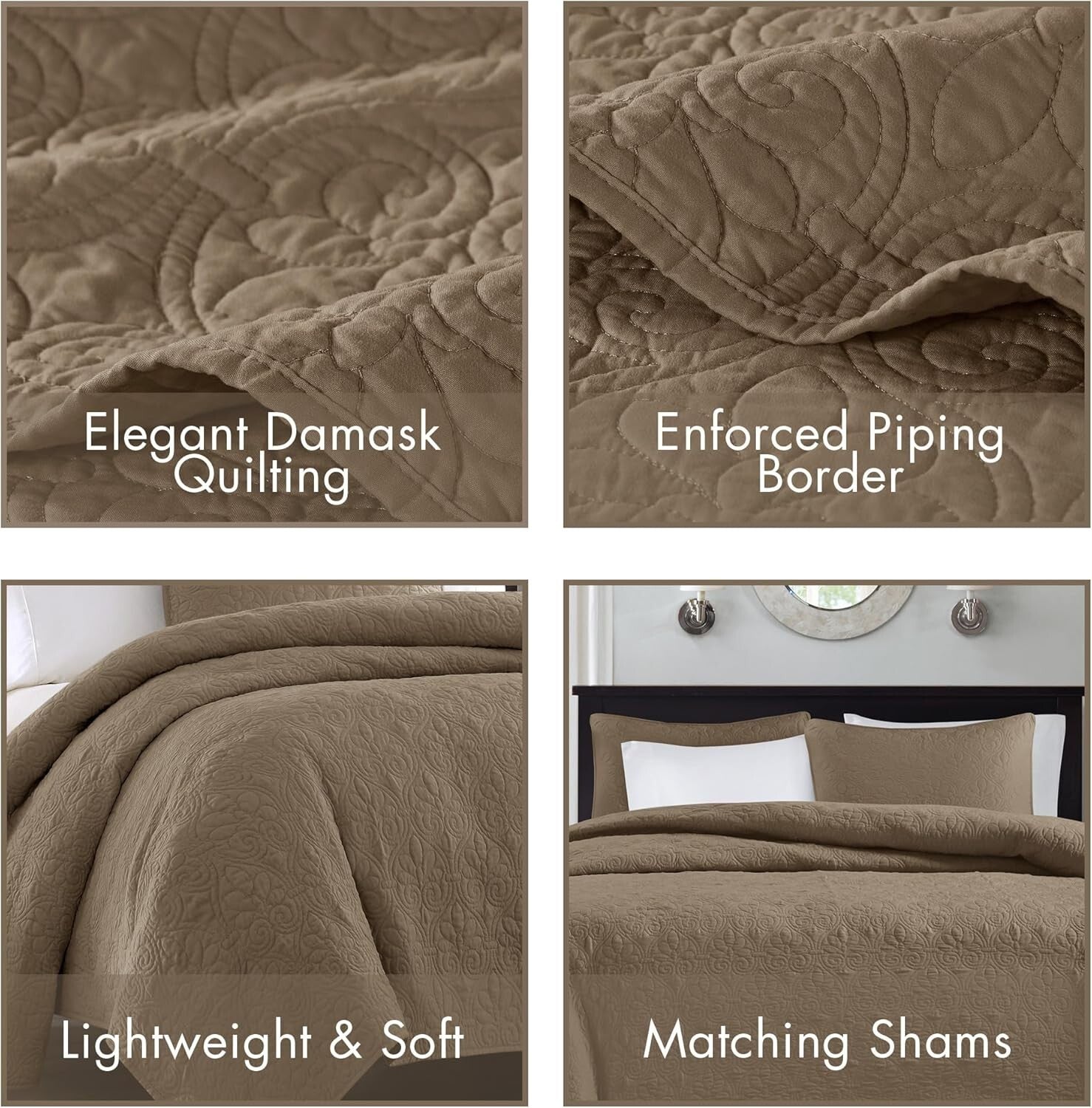 Luxurious Cotton-Filled Quebec Coverlet with Damask Shams - King/Cal King Size