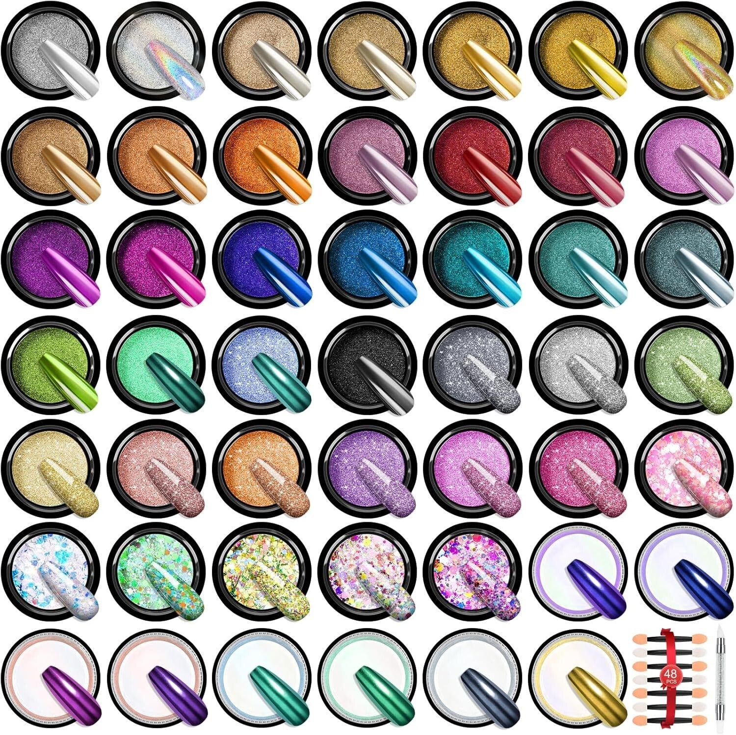 Versatile Chrome Powder Nail Art Kit: 48 Colors & Sponge Applicators Included