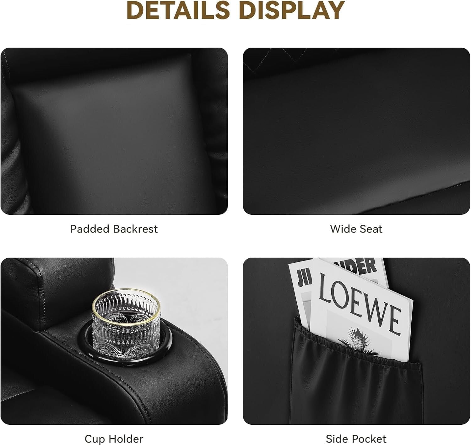 Contemporary Black Recliner Chair with Massage, Cup Holders, and Storage Pockets