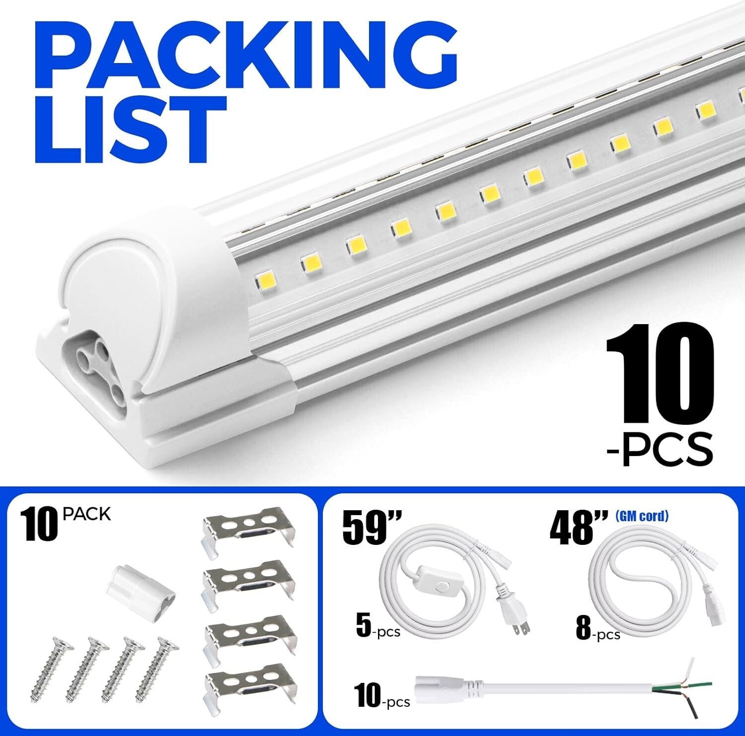 Energy-Efficient 8FT LED Shop Lights, 10 Pack, High Output Daylight White
