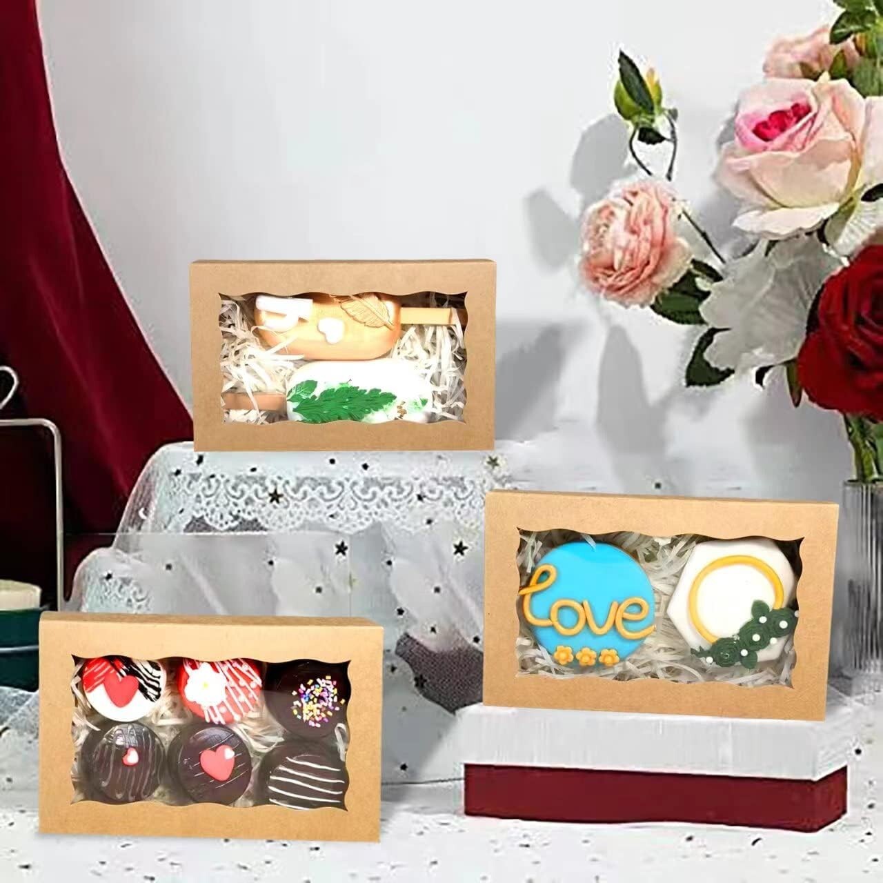 Chocolate & Macaron Bakery Boxes - 100 Pack Stylish with Clear Viewing Window