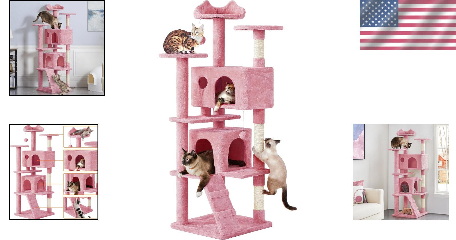 Stylish Multi-Level Cat Tree with Condos and Scratching Posts - 70in Pink