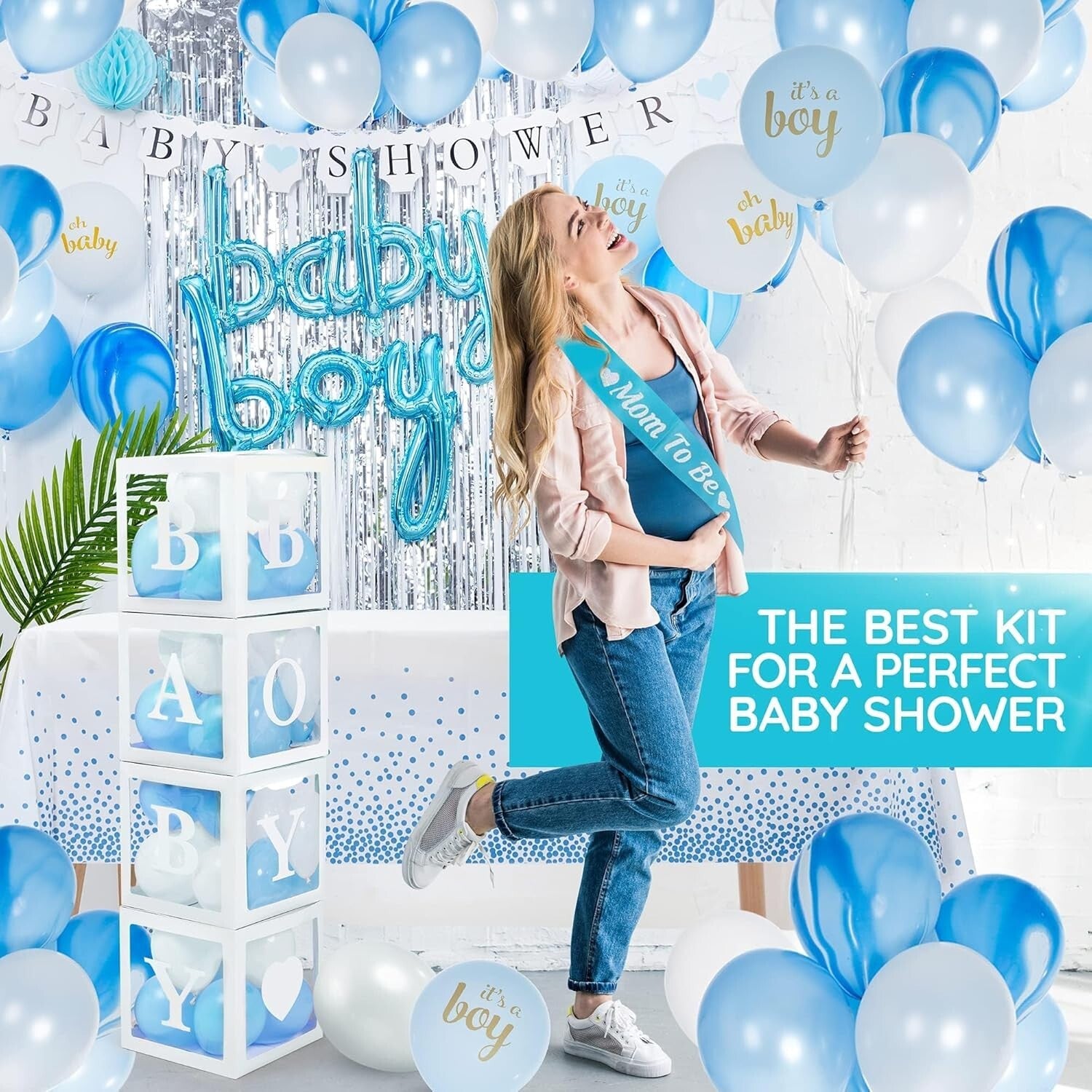 Complete Baby Boy Shower Decoration Kit - Balloon Arch, Centerpieces & More