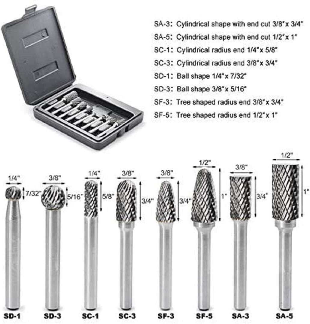 Durable 8-Piece Rotary Burr Set - Heavy Duty Carbide for Engraving & Sculpting