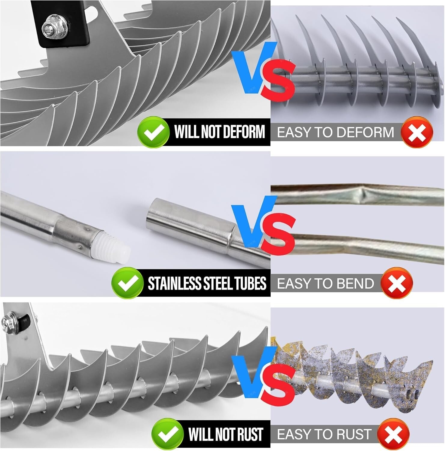 15-Inch Heavy-Duty Thatch Rake with Adjustable Stainless Steel Handle for Lawns