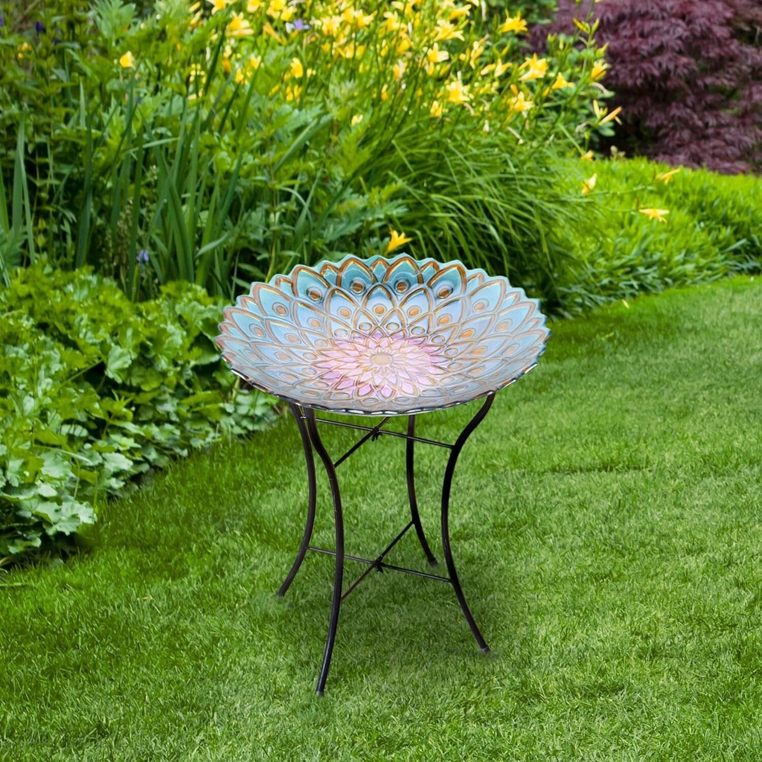 Elegant Bird Bath with Foldable Stand - 21" Handpainted Mosaic in Blue & Purple