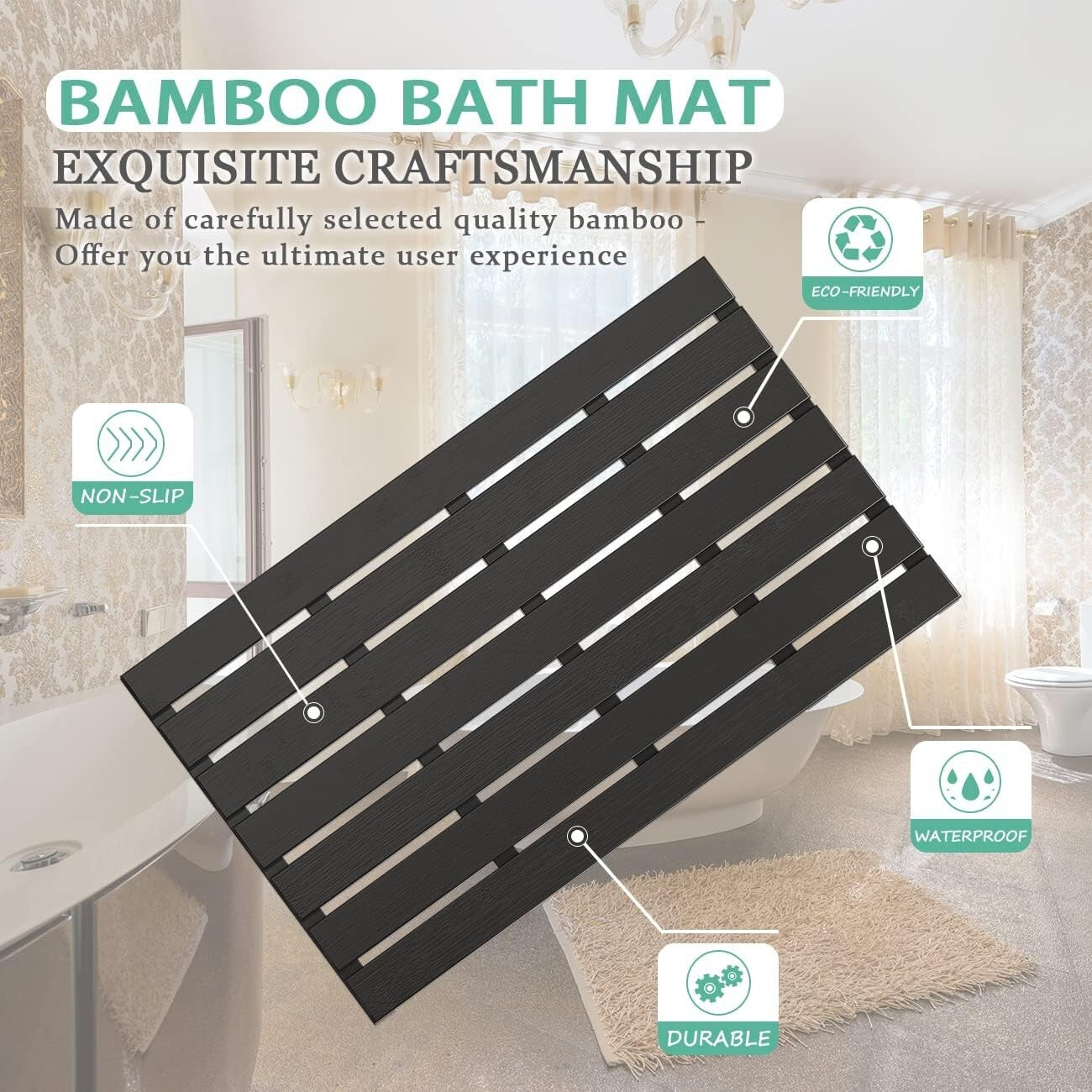 Elegant Black Bamboo Bath Floor Mat - Non-Slip and Waterproof, 31.3"L x 18.1"W
