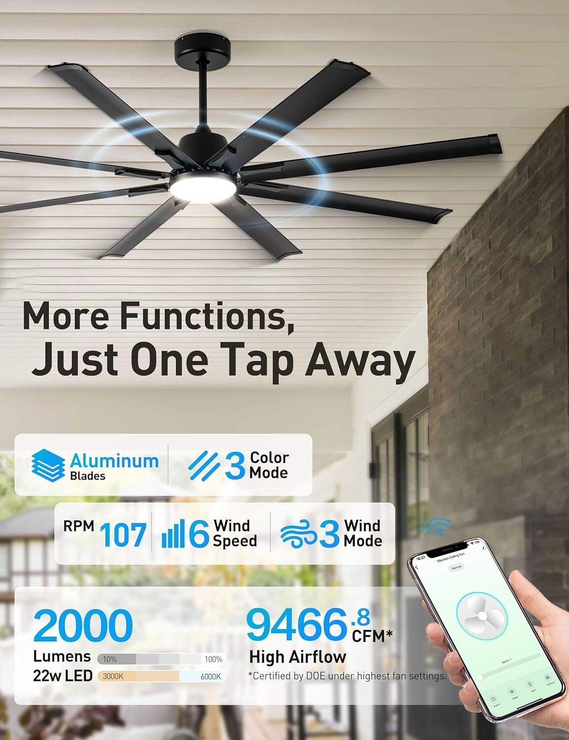 Energy-Efficient 72-Inch Outdoor/Indoor Ceiling Fan with 8 Aluminium Blades