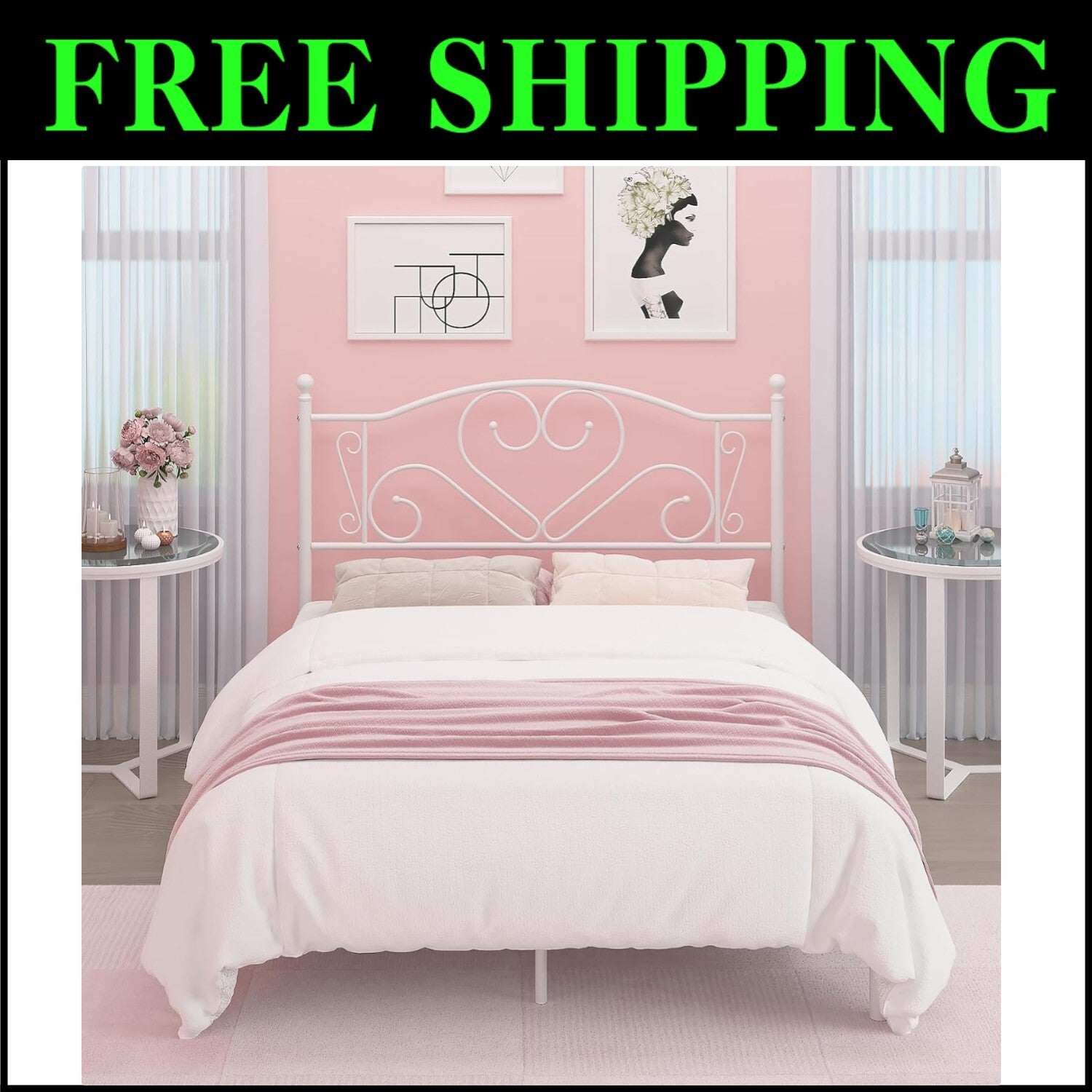 Full Size Bed Frame with Heart-Shaped Headboard & Under-Bed Storage - White