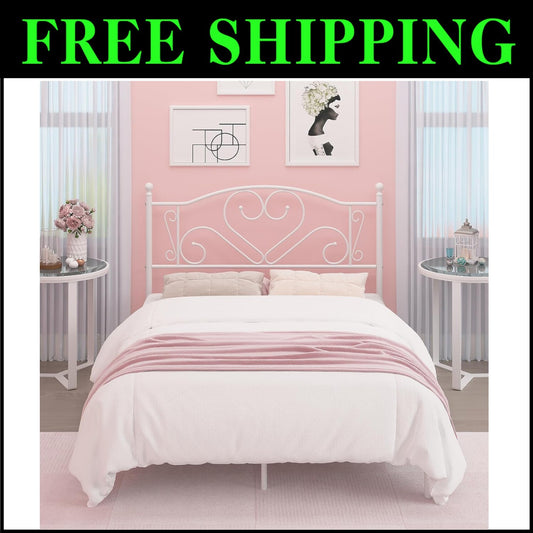 Full Size Bed Frame with Heart-Shaped Headboard & Under-Bed Storage - White