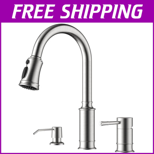 Brushed Nickel Kitchen Faucet with Soap Dispenser & Pull Down Sprayer - 3 Holes