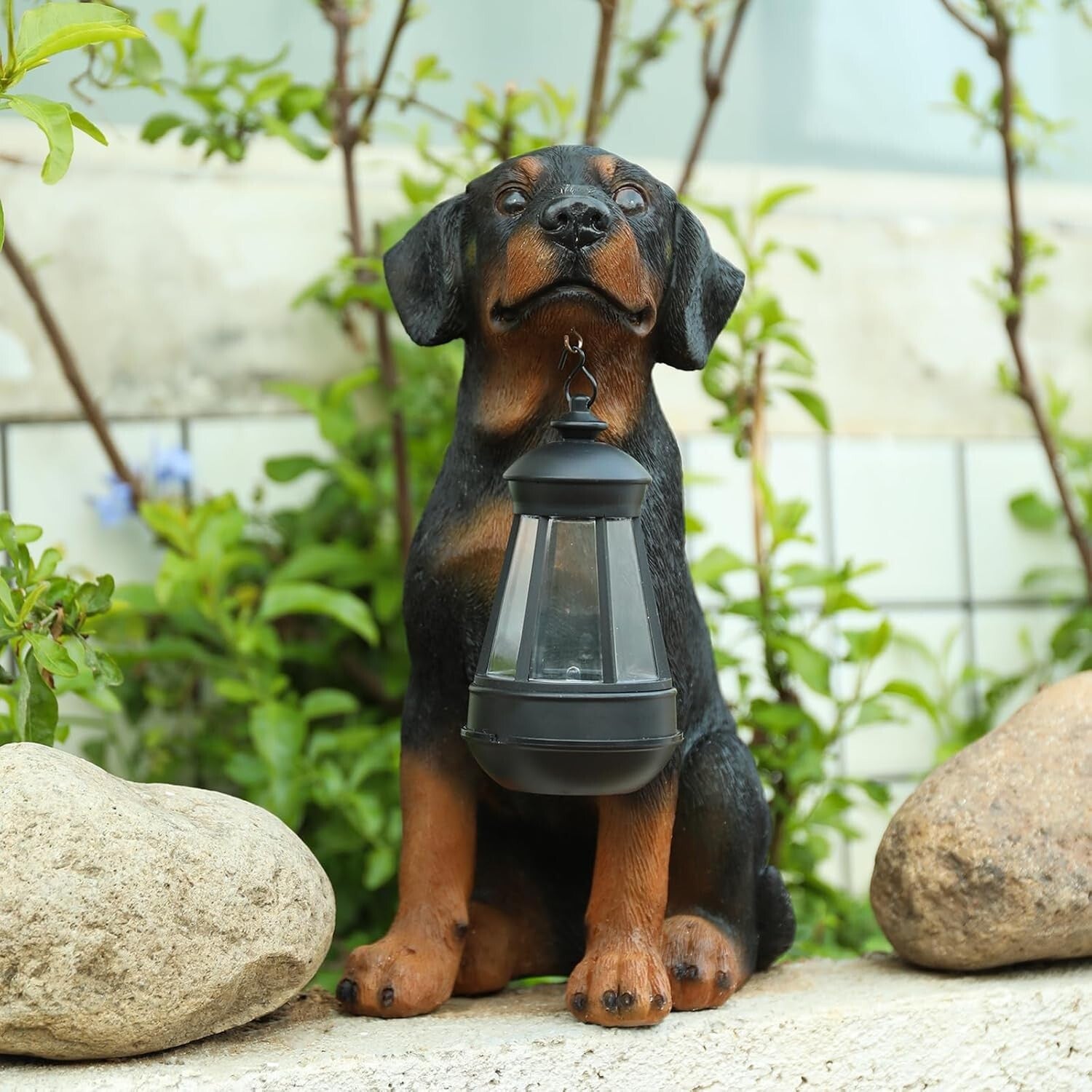 Durable 13” Rottweiler Dog Garden Statue with Solar Lights – Charming Decor