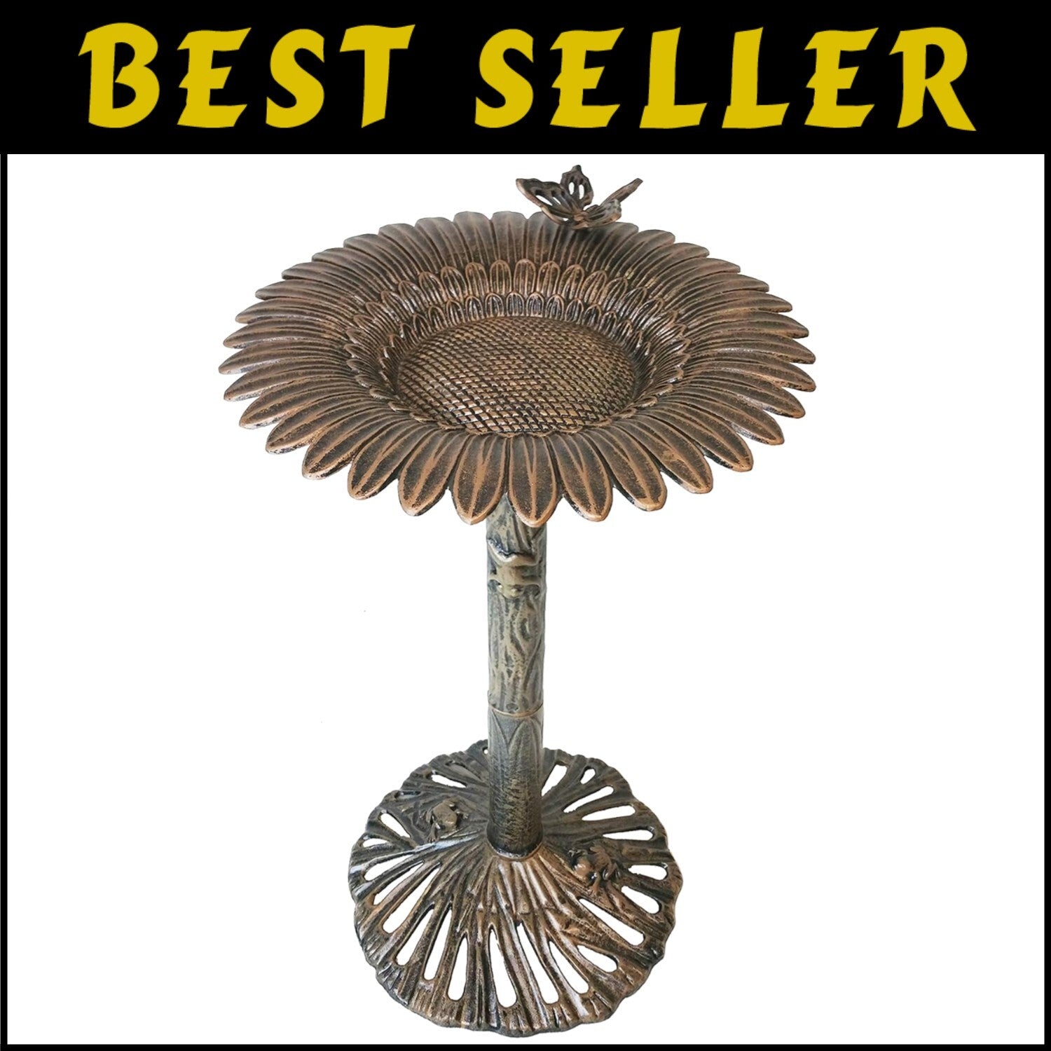 Durable Round 32-in Bronze Bird Bath with Butterfly Motifs for Outdoor Beauty