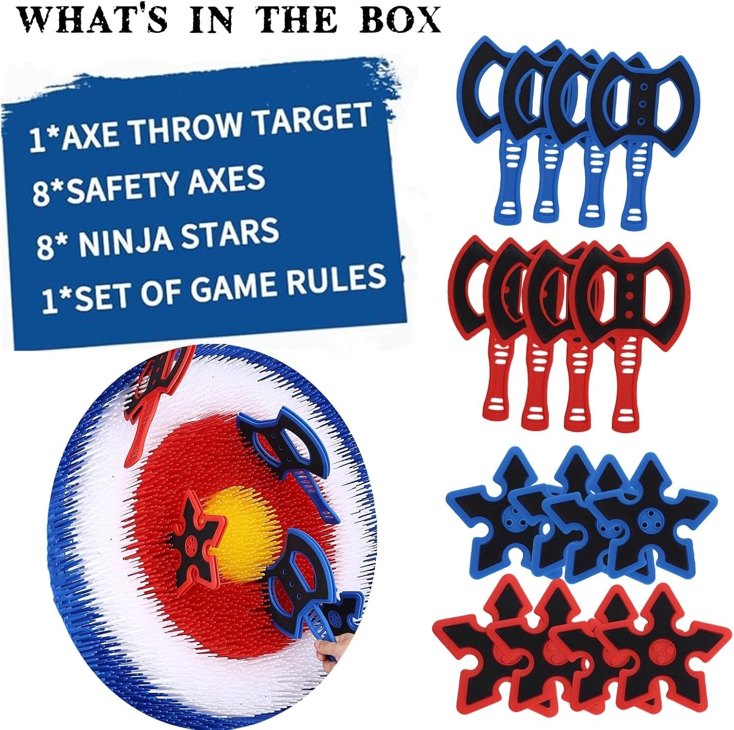 Ultimate Axe Throwing Game Set - 8 Foam Axes & Adjustable Bristle Target