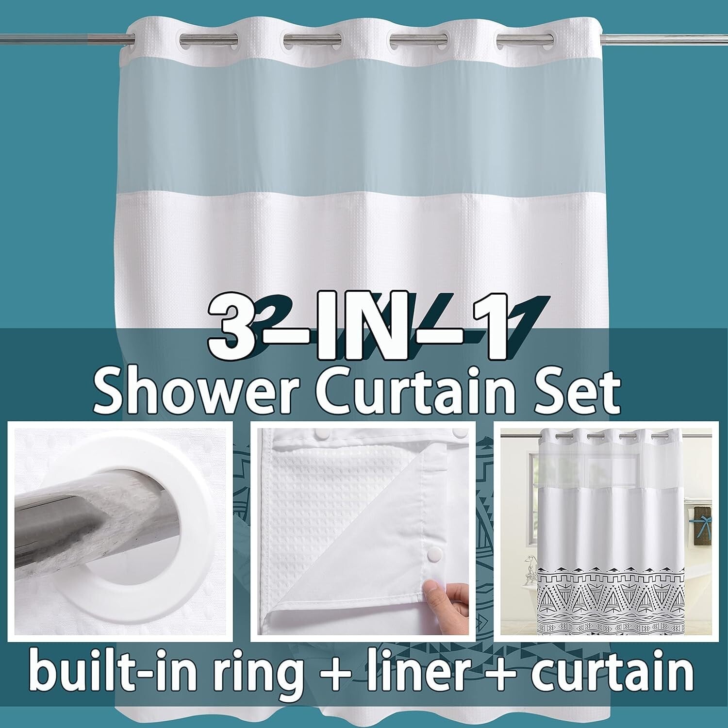 Boho Waffle Weave Shower Curtain with Snap-in Liner - Waterproof & Stylish 71x84