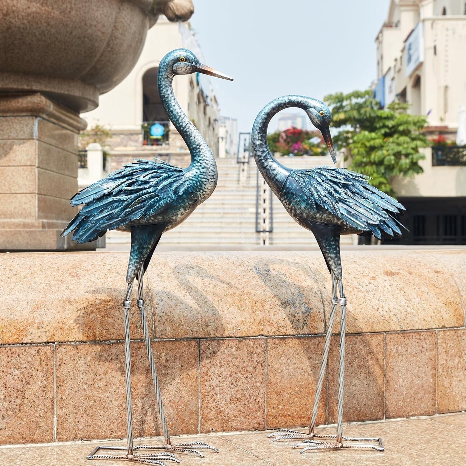 Charming Garden Crane Statue Set - Elegant Blue Heron Yard Art for Outdoor Decor