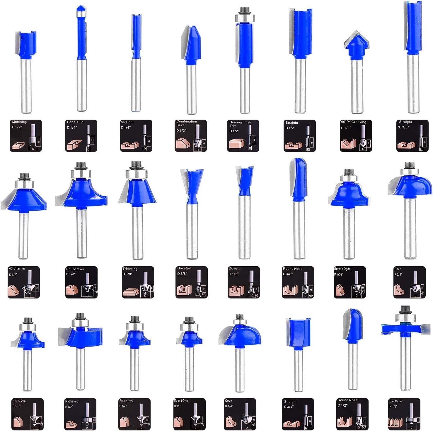 Durable Router Bits Set – 1/4 Inch Shank, 24 Pieces for Precise Wood Cutting