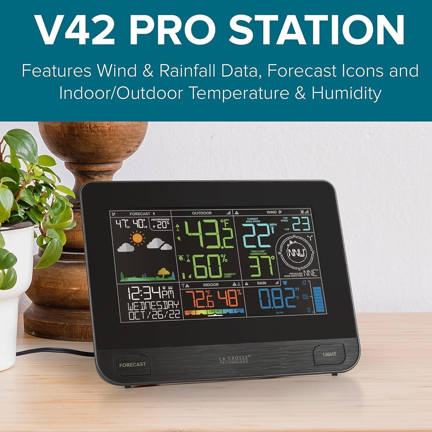 Wireless Temperature and Humidity Weather Monitor with Rain Gauge - Black Finish