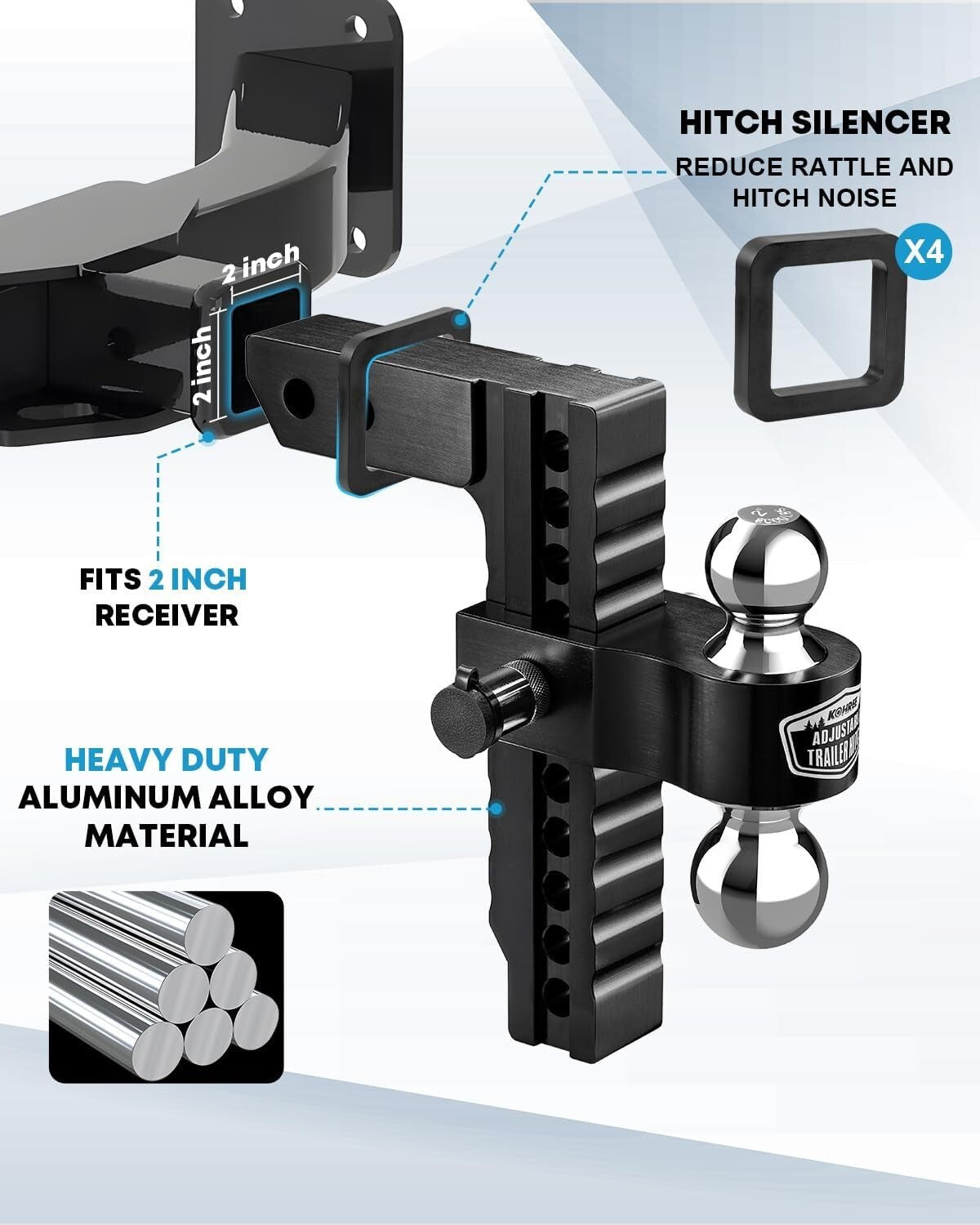 Aluminum Tow Hitch with 10" Adjustable Drop/Rise & Silencer Pads Included