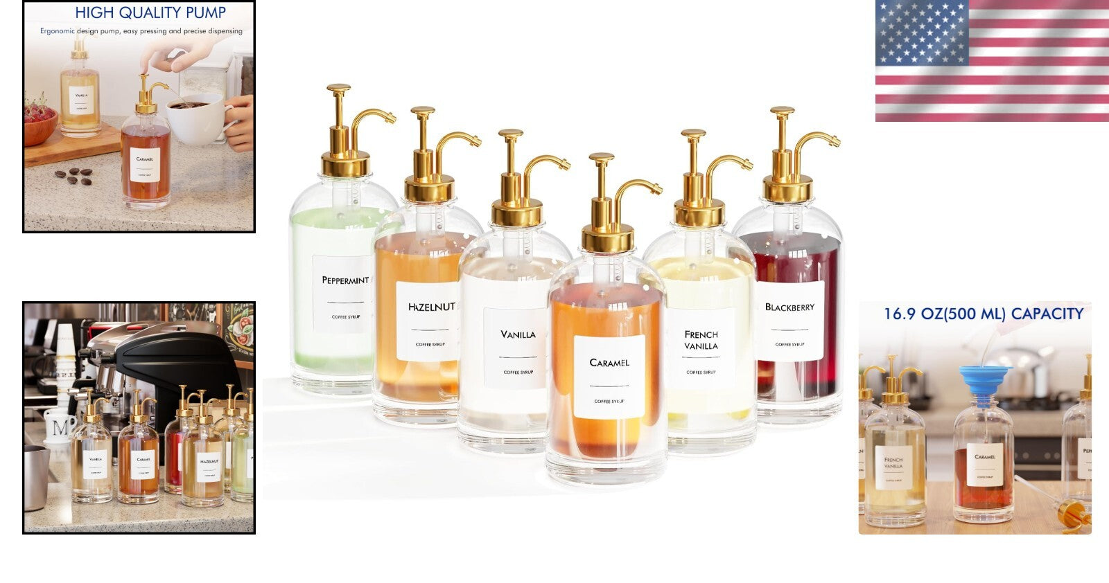 Elegant 6-Piece Glass Coffee Syrup Dispenser Set with Gold Pumps & Labels