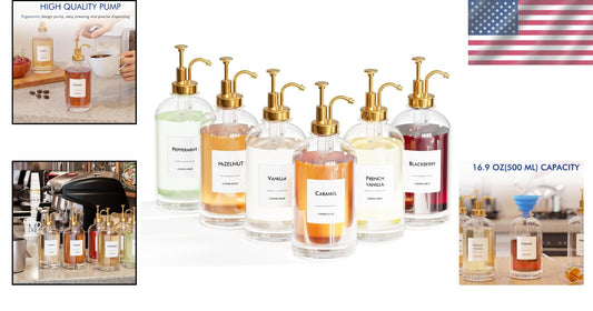 Elegant 6-Piece Glass Coffee Syrup Dispenser Set with Gold Pumps & Labels