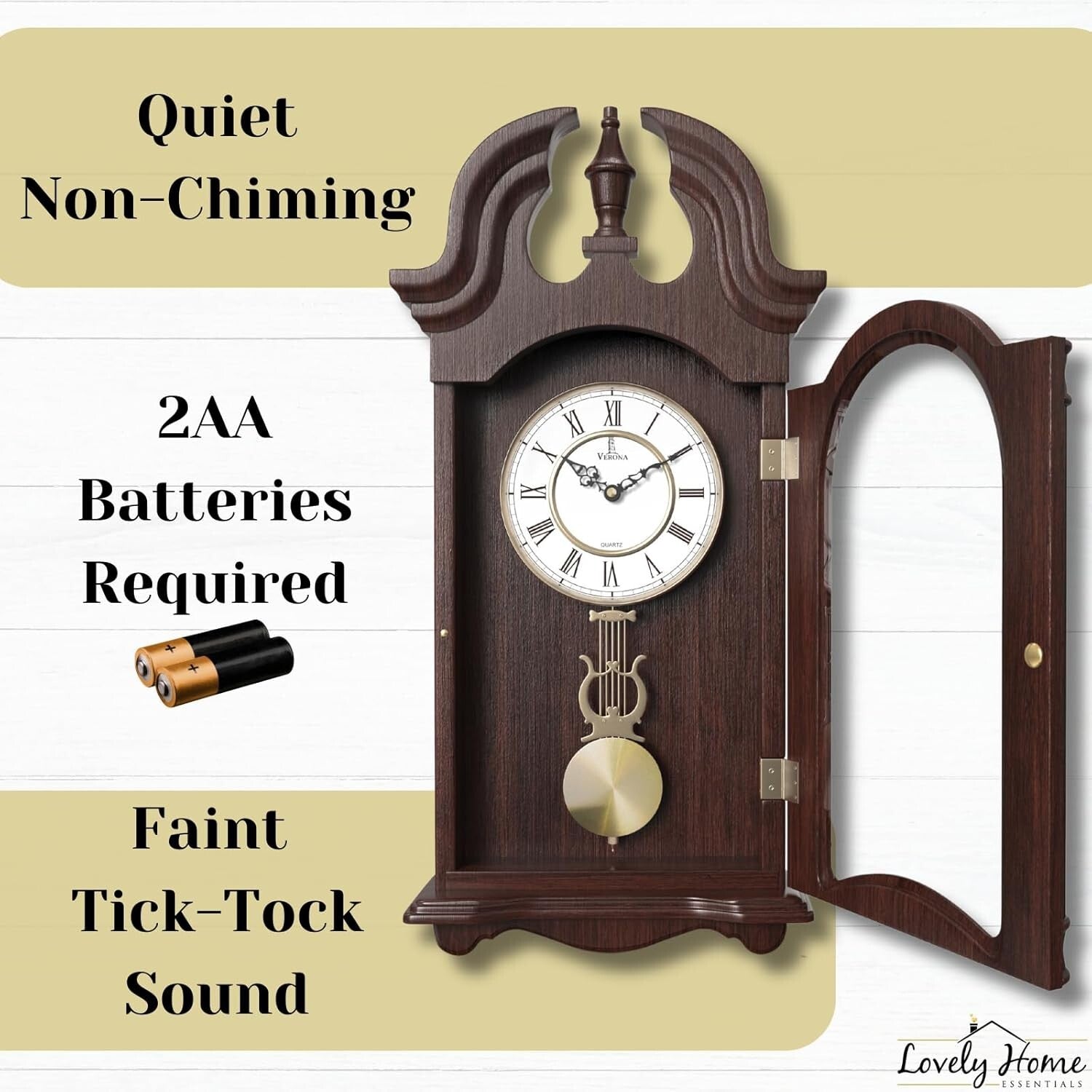 Elegant Dark Wood Pendulum Wall Clock - Battery Operated, Silent, 23.5x9 inches