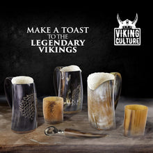 Load image into Gallery viewer, Authentic 16oz Ox Horn Mug Set: Vintage Viking Tankard with Shot Glass &amp; Opener