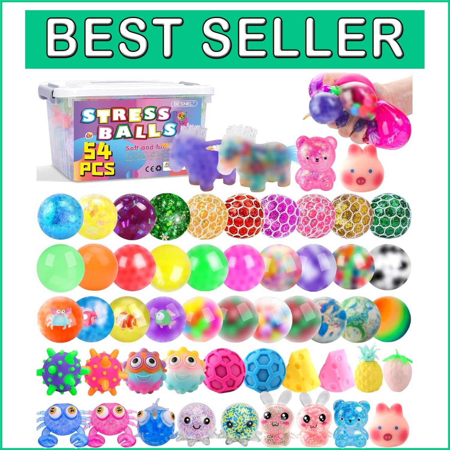 54 Variety Pack Stress Balls - Non-Toxic Stress Relief Fidget Toys for Gifting