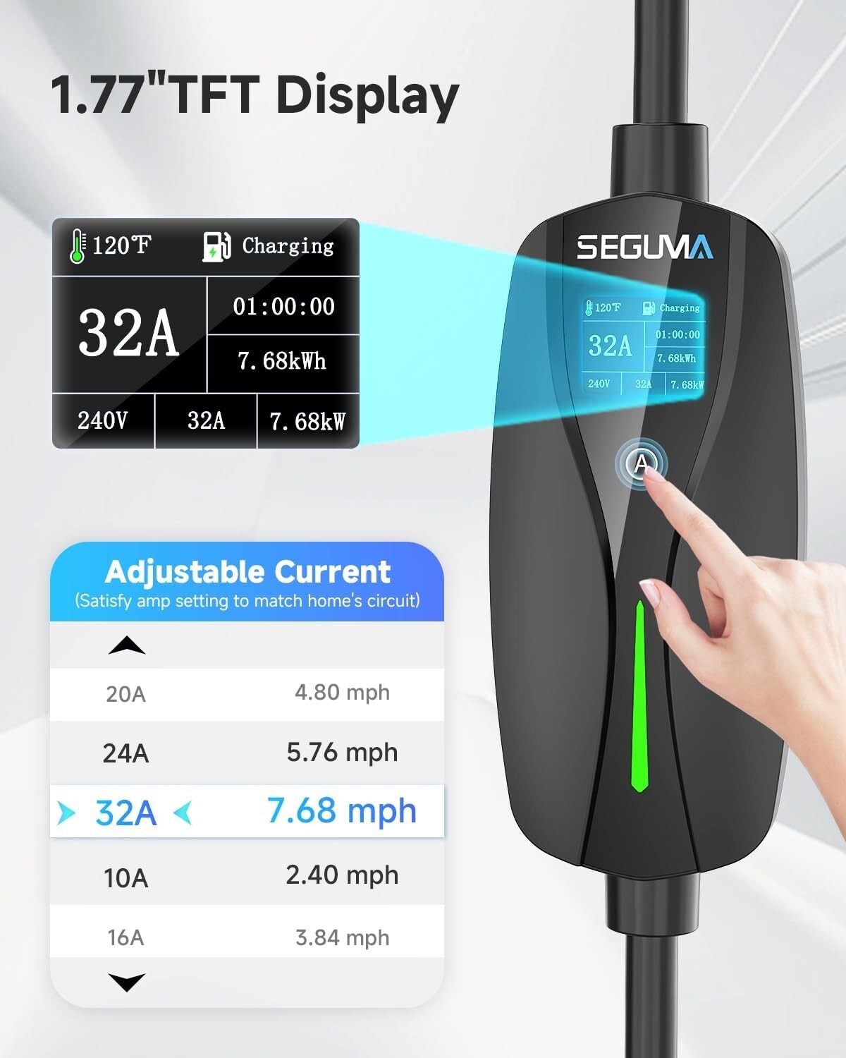 32Amp Level 2 EV Charger - 7.68kW NEMA 14-50 Plug for Rapid Tesla Charging