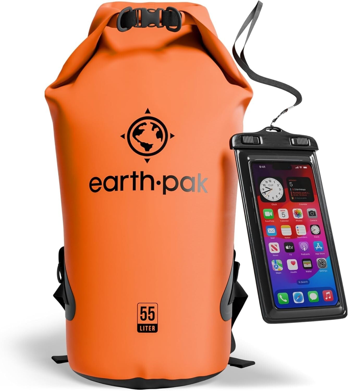 Lightweight Orange 55L Waterproof Backpack Sack with Phone Case for Kayaking
