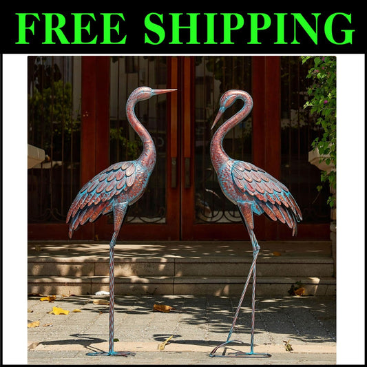 Lifelike Patina Metal Crane Sculpture Set - 47-48 Inch Yard Art Collection