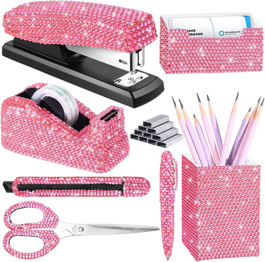 7-Piece Pink Diamond Desk Set: Scissors, Stapler, and Tape Dispenser Included
