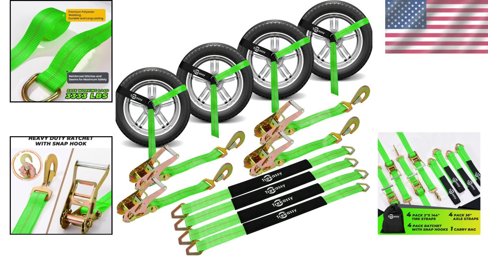 All-in-One Car Tie Down Strap Kit - 10K Break Strength, 4 Ratchet & Axle Straps