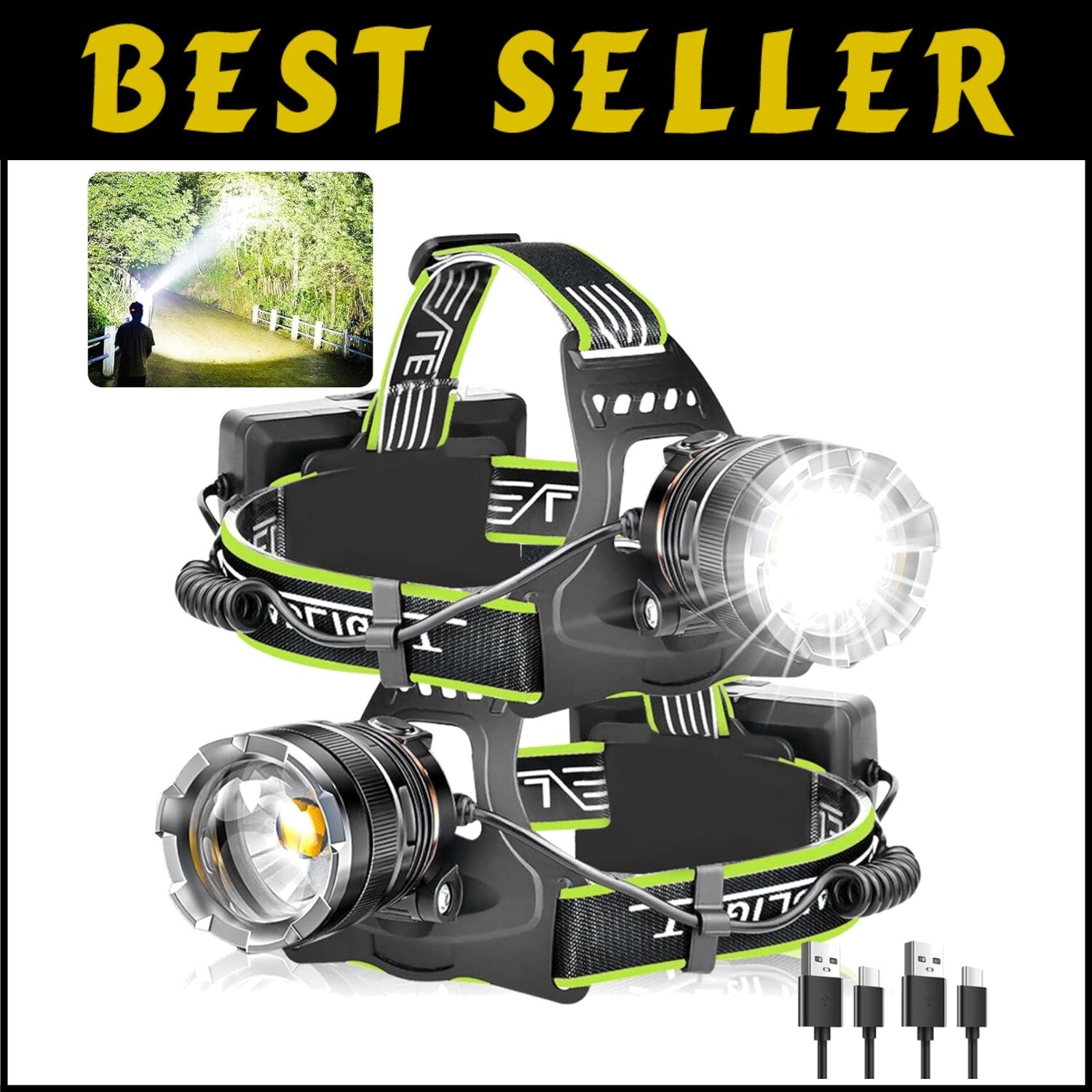 Adjustable 90° Waterproof LED Headlamp Set - Rechargeable & Ideal for Camping